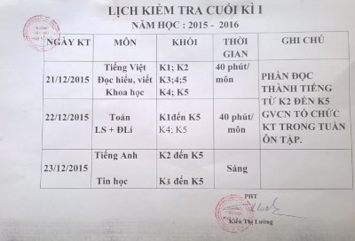 Lịch thi học kỳ 1- Năm học 2015-2016