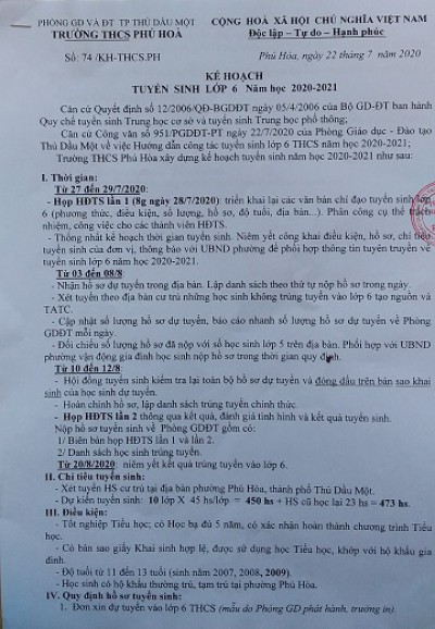 Thông báo tuyển sinh lớp 6 của trường THCS Phú Hòa