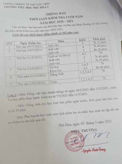 Lịch thi học kỳ 2 - năm học 2020-2021