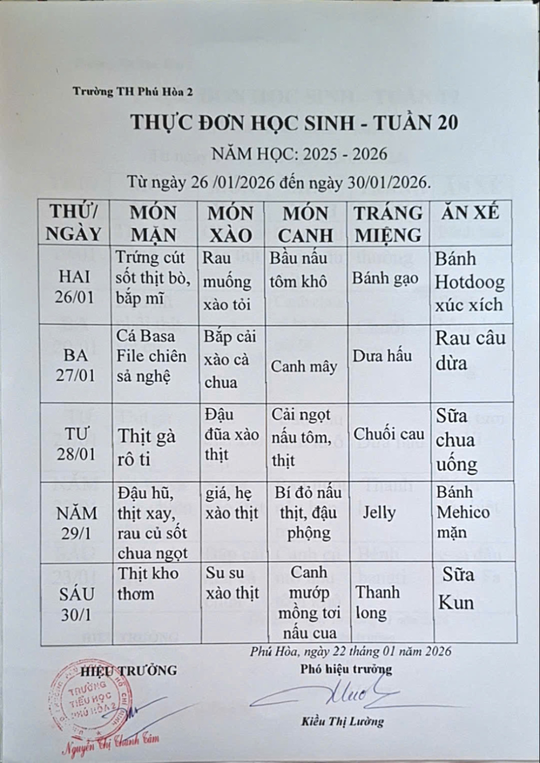 Thực đơn tuần 20