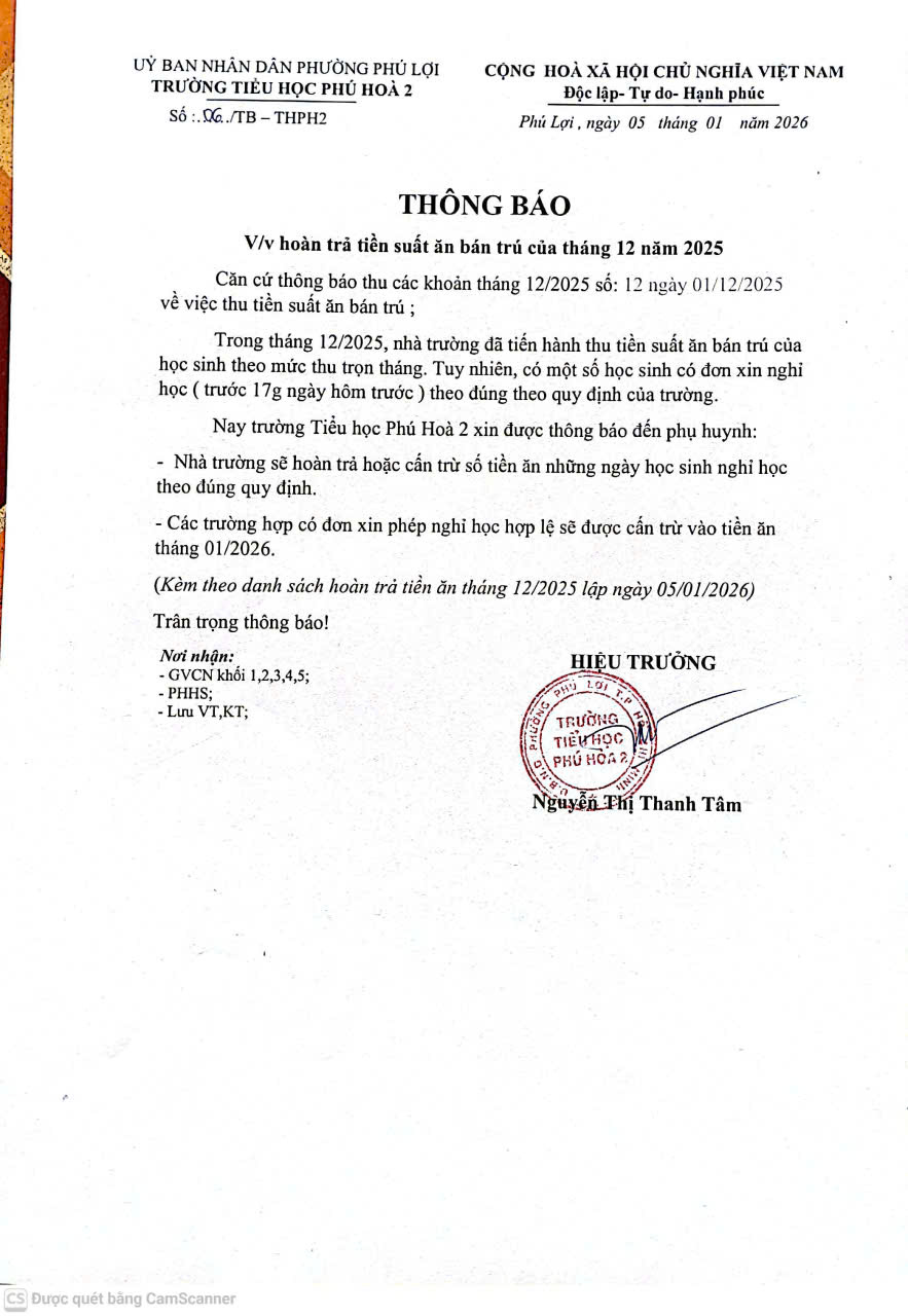 Trả tiền bán trú tháng 12 2025