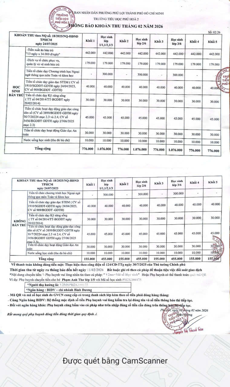Thông báo thu tiền tháng 2