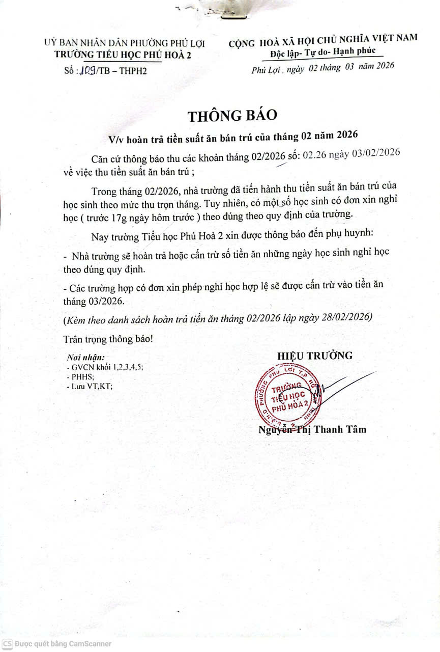 Thông báo trả tiền ăn tháng 2