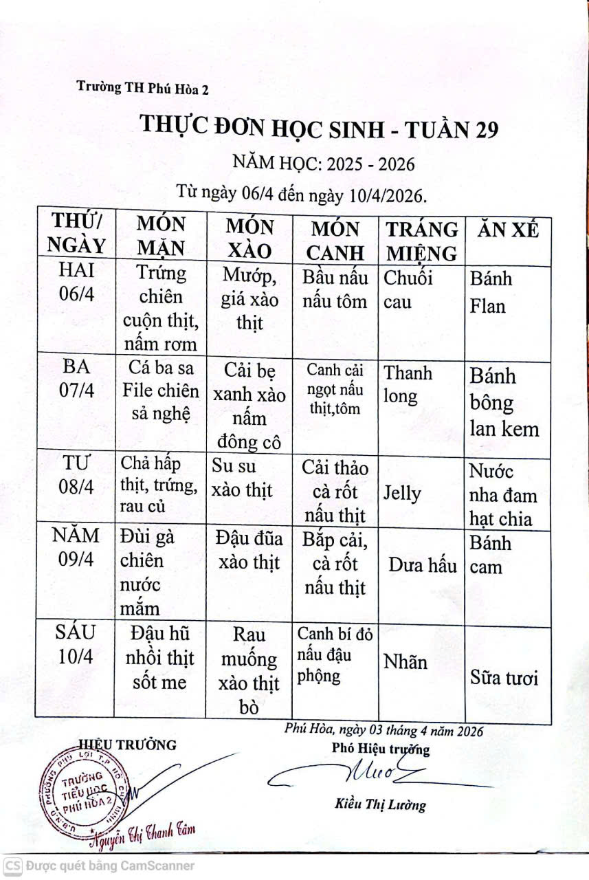 Thực đơn Tuần 29